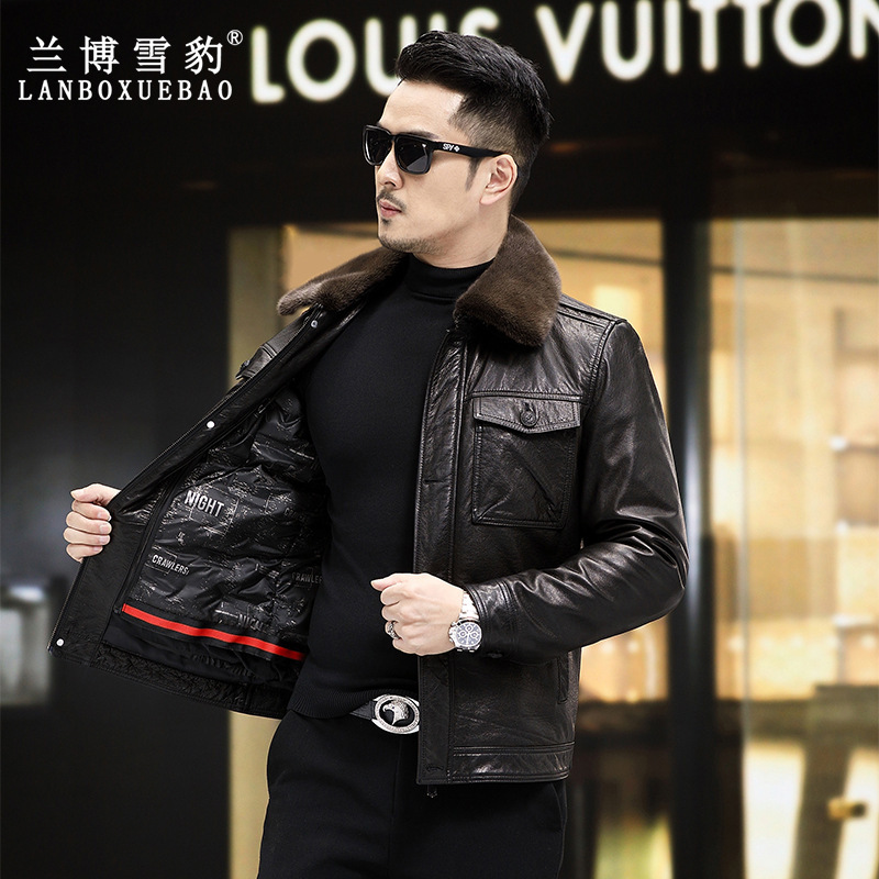 Factory Direct sales 2023 Haining new men's first layer cowhide down jacket detachable liner mink fur lapel jacket