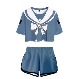 2021新品跨境弹丸论破角色服 3D露脐短袖短裤女套装支持定
