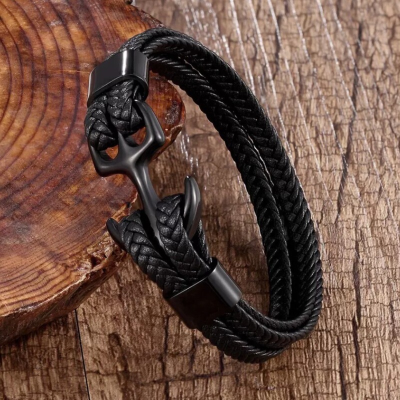 Amazon Best Selling Men's Stainless Steel Anchor Bracelet Retro Braided Leather Rope Multi-Layer Leather Bracelet Spot Wholesale