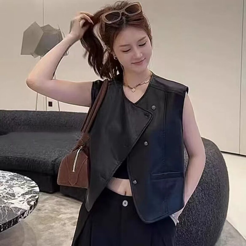 Vintage Pu Leather Vest for Women, Early Autumn New Style, Popular This Year, Ancora Red Versatile Sleeveless Waistcoat