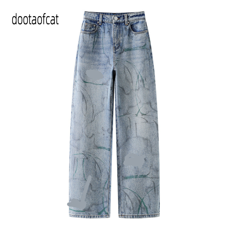2026 Spring New Women's Loose Cartoon Anime Print Casual Pants Denim Straight Pants 2K1Xr30