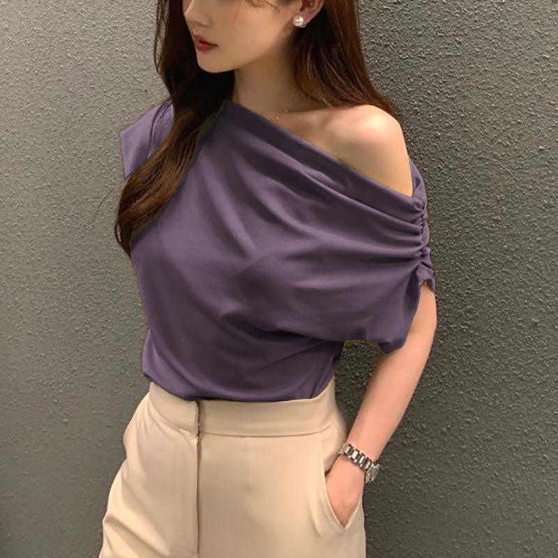 Summer New Niche Irregular Slanted Shoulder Design Loose Solid Color Pullover Short-sleeved T-shirt_ecoleips.com