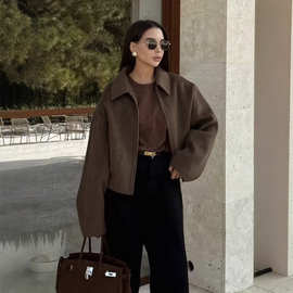 2025跨境新品欧美秋季时尚纯色阔型拉链毛呢外套女装气质复古翻领