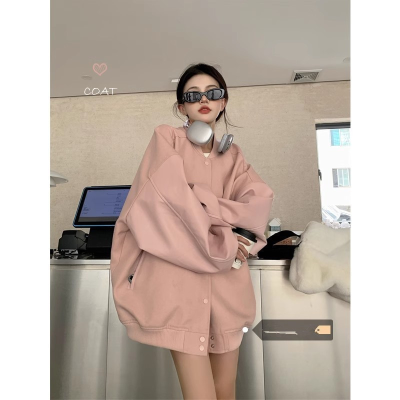粉色甜妹棒球服女2025春秋新款美式复古小个子宽松百搭设计感外套