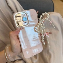 パールリボン付きスマホケース ins風 iPhone16promax対応 Apple13/14/17用 チェーン付き女性向けスマホケース