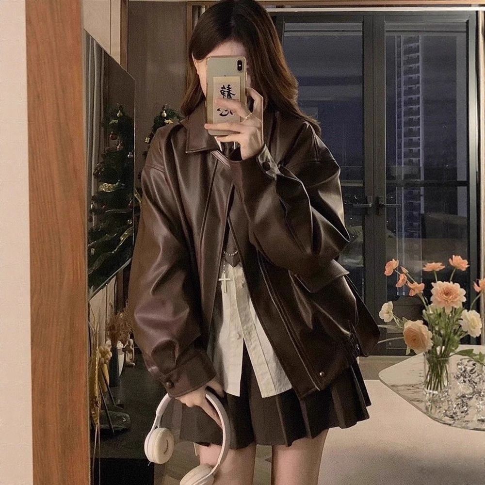 Tweed Style Leather Short Jacket 2025 Women's New Autumn and Winter American Style Small Leather Jacket Spring & Fall Top
