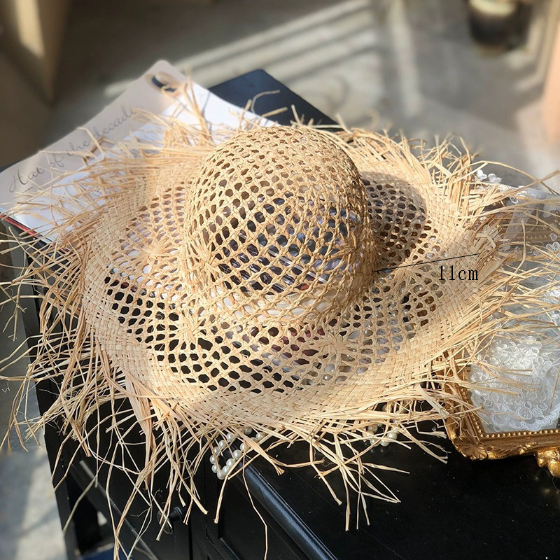 Women's Wide Brim Straw Hat For Summer Travel & Vacation, Sun Protection Beach Hat With Frayed Edge - Thumbnail 7