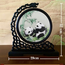 苏绣双面绣摆件画成品实木熊猫苏州手工刺绣台屏牡丹花中式屏风