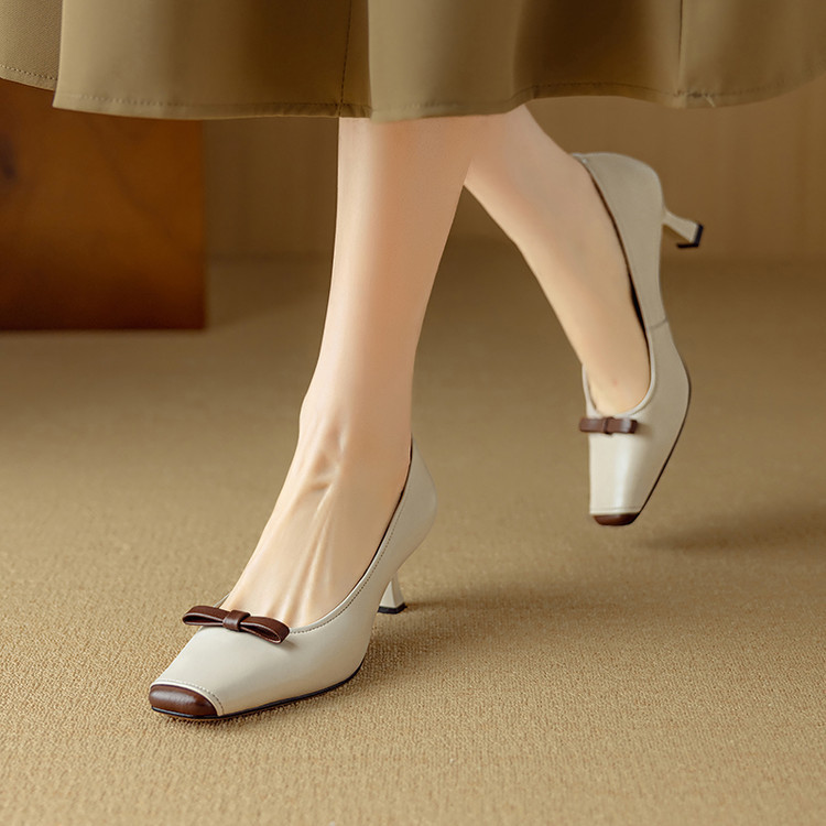 Slip-on Bow Comfortable Single Shoes Early Spring 2025 Super Square Head Color-matching Shallow Mouth Elegant High-heeled Shoes Slip-on Bow Comfortable Single Shoes Early Spring 2025 Super Square Head Color-matching Shallow Mouth Elegant High-heeled Shoes