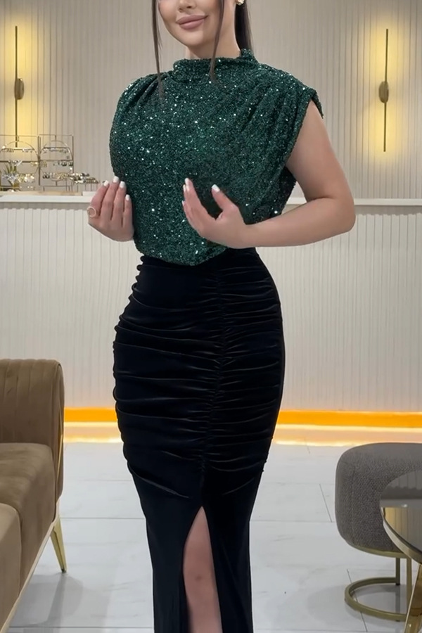 Women's Gender Wholesale Women's Elegant Sequins Slit Solid Color Banquet Standing Collar Sleeveless Sheath Dress