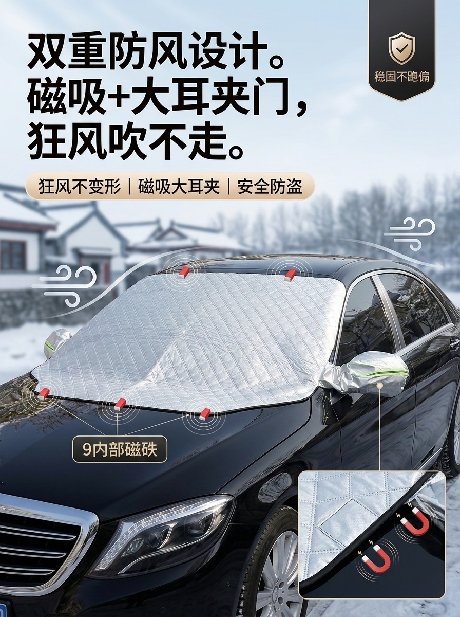 Car snow cover for front windshield, thickened magnetic sunshade, winter anti-freeze and anti-frost half-cover car cover