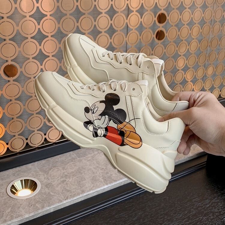 Celebrity style thick-soled clunky sneakers men's and women's height increasing leisure sports 2023 New Mickey genuine leather all-match white shoes