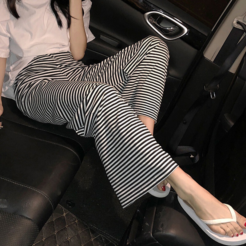 Maternity Clothes 2022 Summer New Black and White Striped Pregnant Women Belly Support Wide Leg Pants Plus Size Breathable Sweat-Wicking Slimming