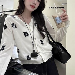 THE LIMON柠檬绿茶2025秋季韩系卡通趣味感通勤简约减龄针织开衫