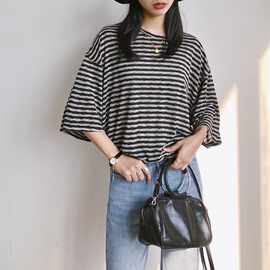 夏季新款宽松落肩袖柔软轻薄显瘦圆领黑灰条纹中袖短袖T恤女上衣