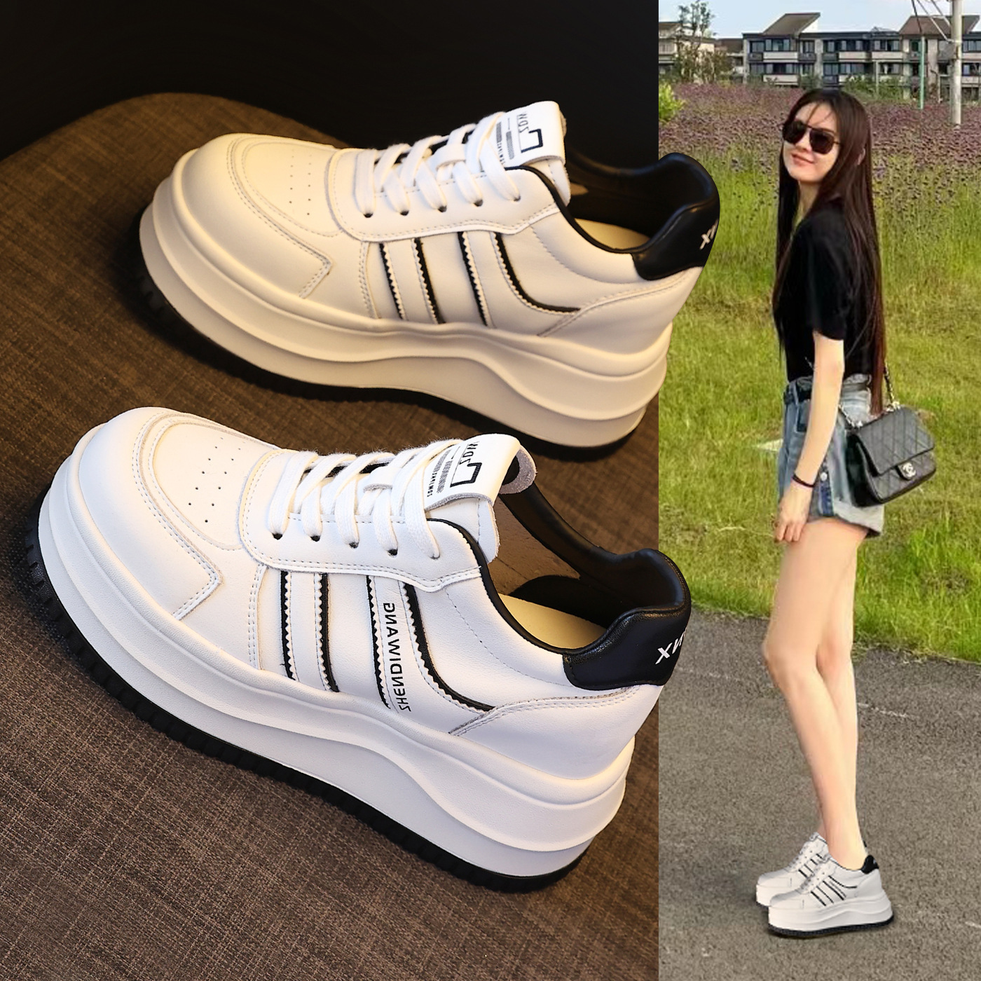 Giày sneaker nữ chunky đế dày phong cách Hàn Quốc, tăng chiều cao, màu trắng basic — màu trắng