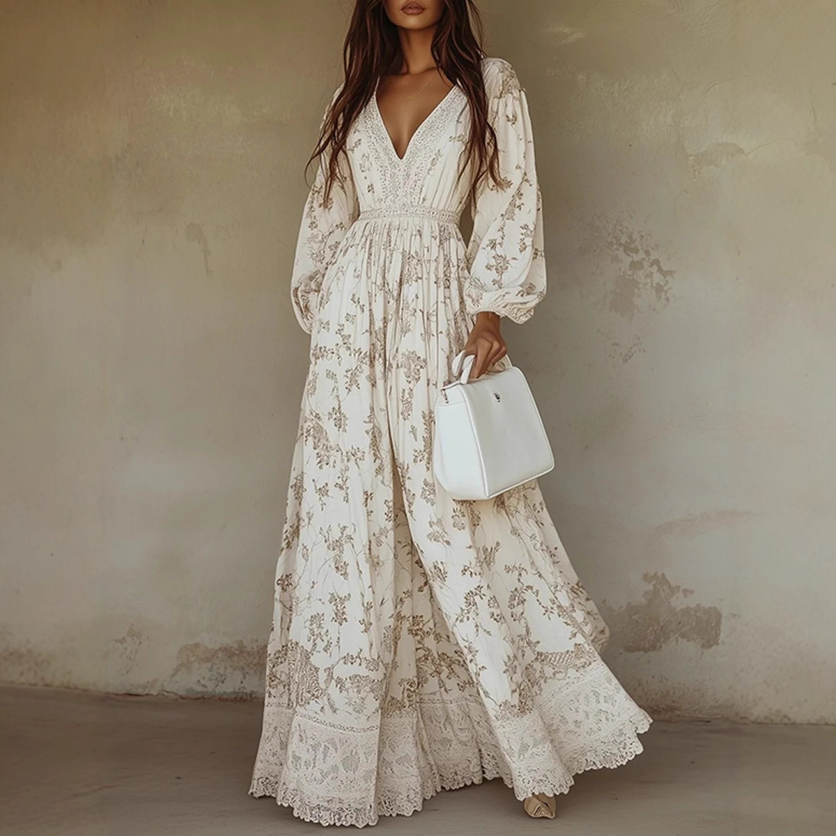 Bohemian Western Lace Trim Dress – Long Sleeve Floral Print Maxi Dress For Women_ecoleips.com