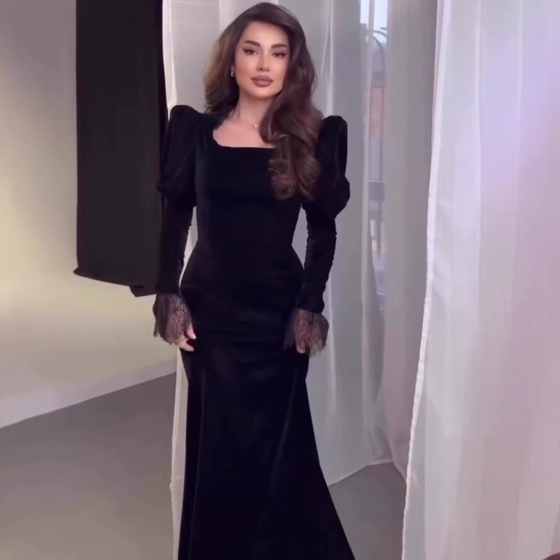 Palace-Style Dress, Elegant and Retro, Amazon Long-Sleeved Long Dress, European and American Luxury, 2025 Cross-Border Autumn Black