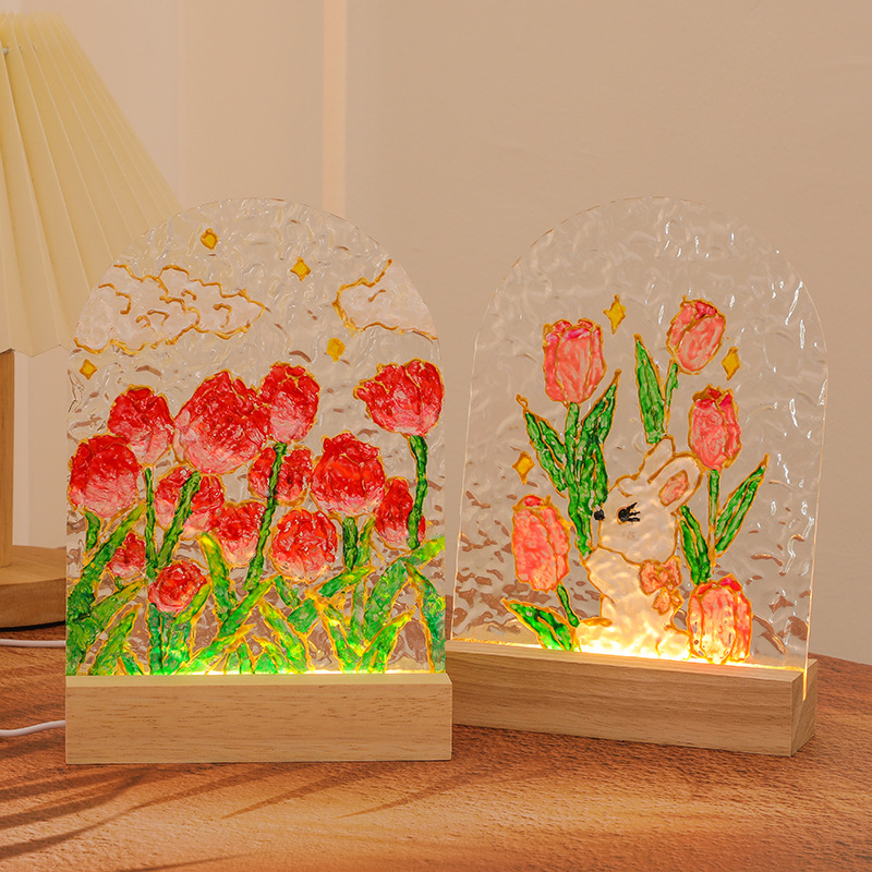 Handmade DIY Children's Tulip Light-Up Night Lamp Water Wave Acrylic Glass Painting Board for Parent-Child Painting Activity