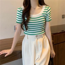 夏季韩版百搭修身显瘦方领套头条纹短袖针织衫女短款小个子上衣女