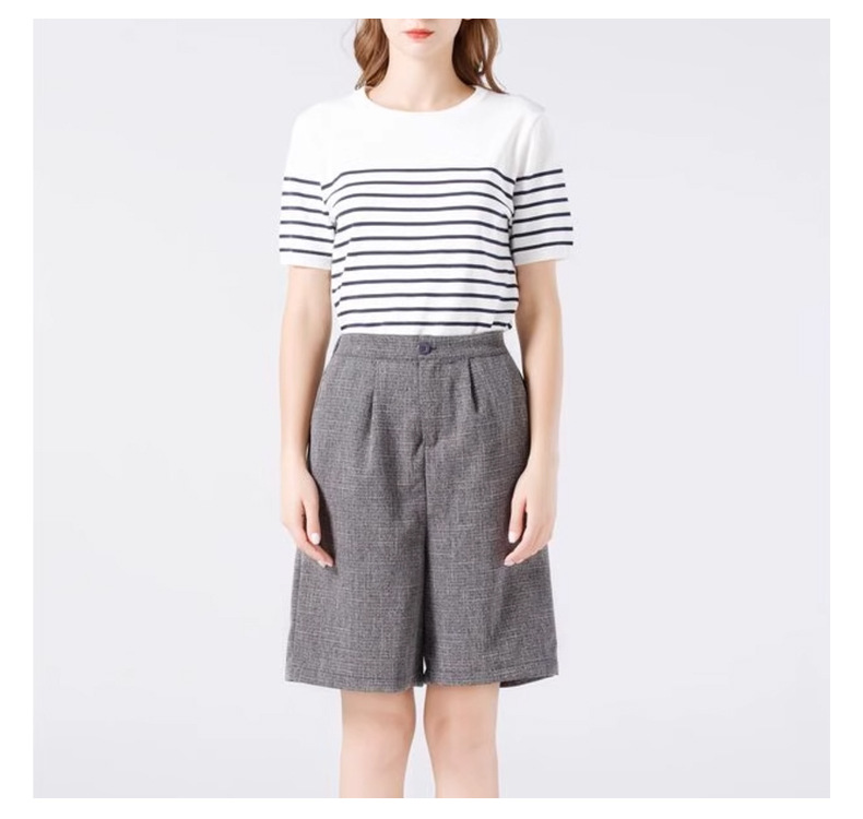 夏季黑白撞色条纹针织衫圆领休闲打底衫简约白色短袖t恤上衣女 pic 12