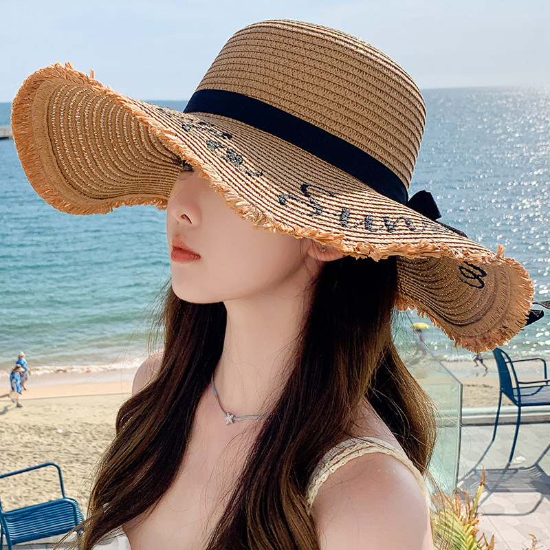 Sombrero de paja con lazo – estilo veraniego, ala ancha, para playa o vacaciones al aire libre