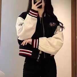 棒球服短款外套女2025新款春秋美式复古撞色长袖百搭立领夹克上衣