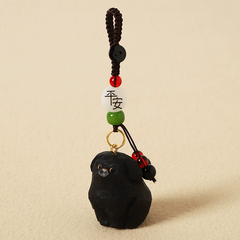Handmade Wood Carving Keychain Pendant, Cute Dog & Fortune Designs, Birthday Gift, 10 g