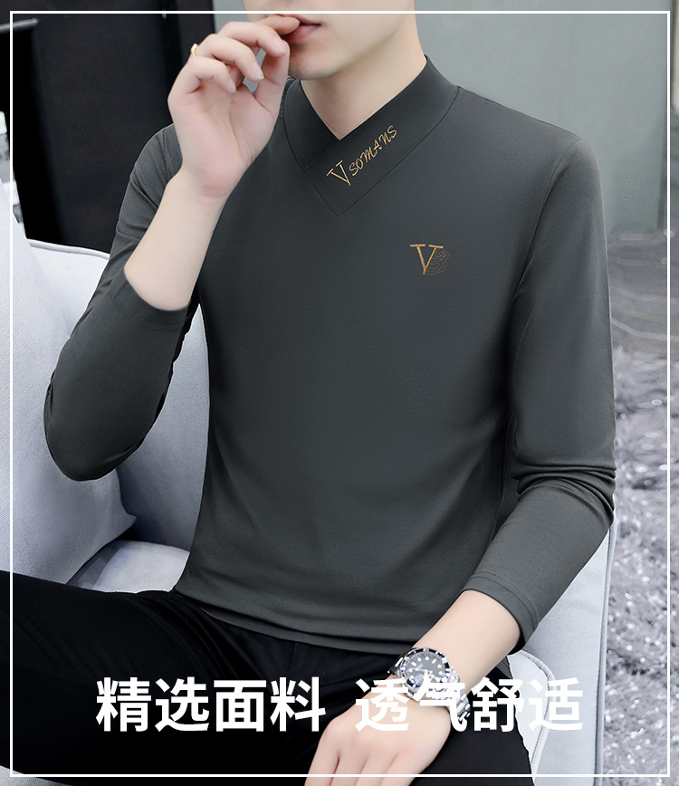 2022秋季V领新款长袖男士T恤韩版男装打底衫休闲男式T恤上衣批发 pic 1
