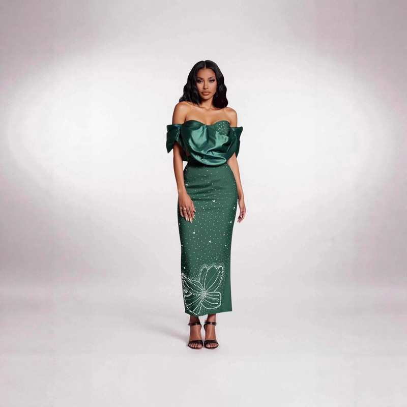 European and American Cross-Border New Sexy Bandage Dress One-Shoulder Diamond-Encrusted Bubble Bead Women's Long Party Dress