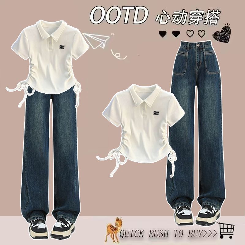 Fashionable Outfit # A Uniquely Designed, Chic Drawstring Short-Sleeved Top Paired with High-Waisted Loose Straight-Leg Jeans.