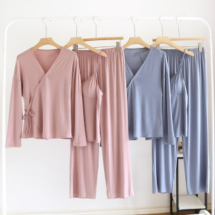 Factory direct new ladies summer Japanese solid color modal long sleeve trousers suspender pajamas three-piece set