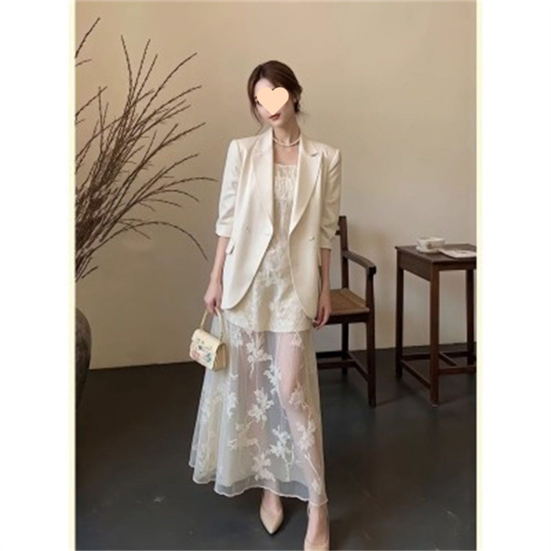 French-Style High-End Socialite Chanel-Style Blazer and White Slip Dress Set for Women, Spring Mature Two-Piece Outfit