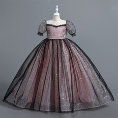 2024 Cross-border Summer Items European and American Girls' Net Gown Performance Dress Host Personality Medium Children Long Dress Children's Formal Wear