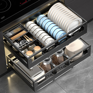 Shallow Pull Basket, Deep Bowl Blue Cabinet Pull-Out Drawer-Type Stainless Steel Pot Basket