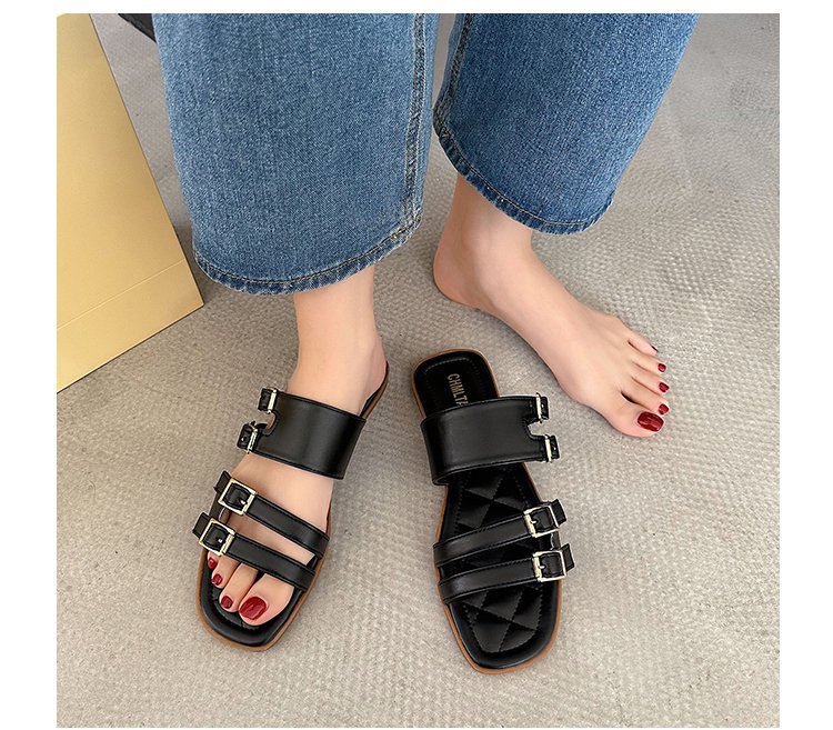 2023 neue bequeme flache Hausschuhe, Sommer-Strandschuhe für Damen im Freien, Doppelschnalle, stilvolle Einriemen-Lazy-Sandalen_voghion.com