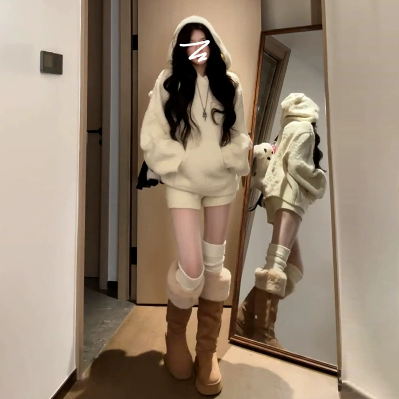 Полный комплект нарядов в стиле ootd: корейское вязаное платье с капюшоном для женщин, весна-осень 2025, новый короткий костюм-юбка