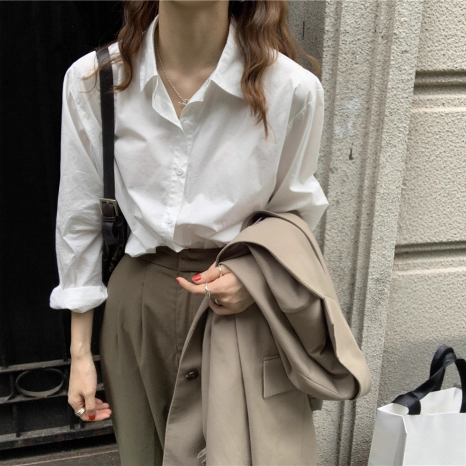 Spring and Autumn New Pure Cotton White Shirt for Women, Korean Style Loose Versatile Slimming Elegant Blouse Top Fashionable Base Shirt