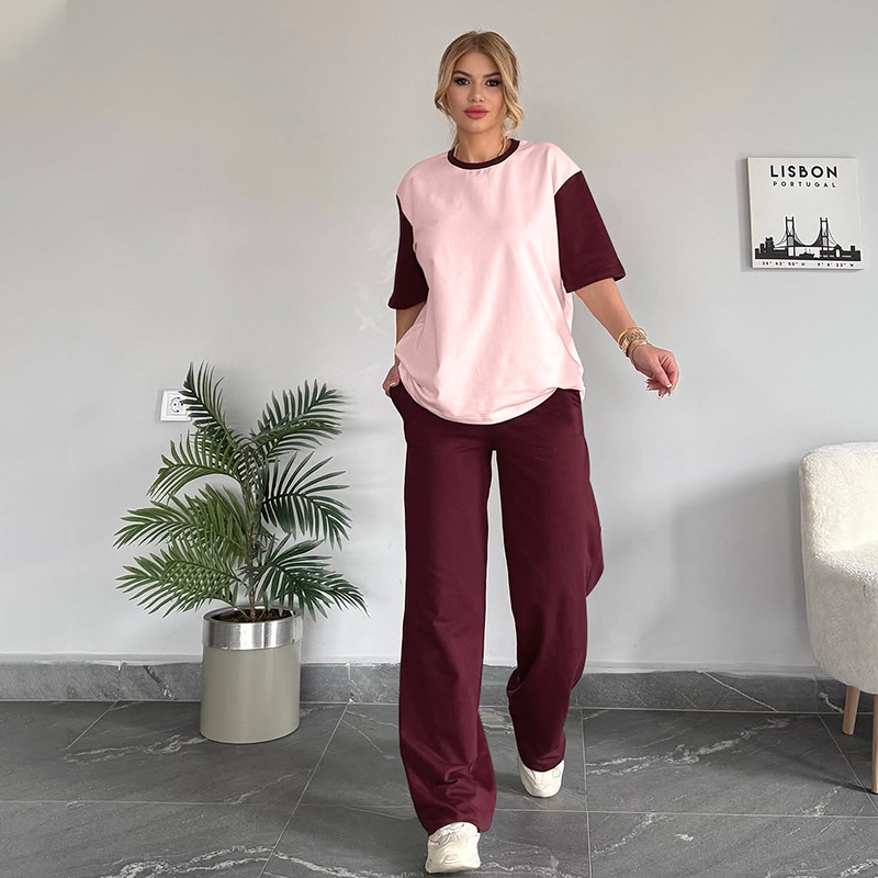 Summer Contrast Color round Neck Short Sleeved T shirt Women Casual Wide Leg Pants Two Piece Sets 8 Summer Contrast Color round Neck Short Sleeved T shirt Women Casual Wide Leg Pants Two Piece Sets