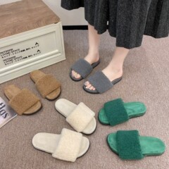 外贸毛毛拖鞋女秋冬新款室内懒人一字毛绒拖鞋平底棉拖鞋居家批发