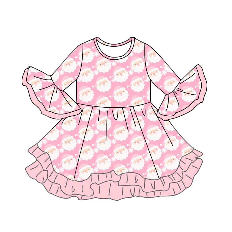 新款欧美精品店童装外贸批发粉红色圣诞老人印花可爱长袖连衣裙