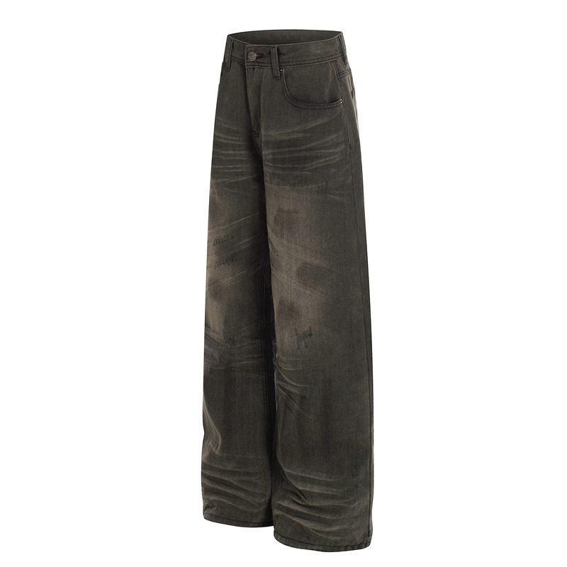 Dc+G6953 American-Style Heavy-Duty Oil-Washed Distressed 3D Crinkled Jeans Unisex Design Baggy Wide-Leg Pants