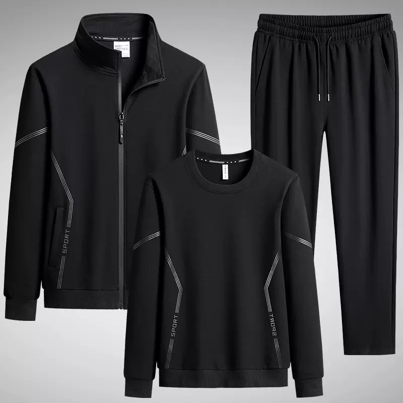 立领春秋冬季棉质休闲套装加大码胖子卫衣加绒三件套跑步运动服男