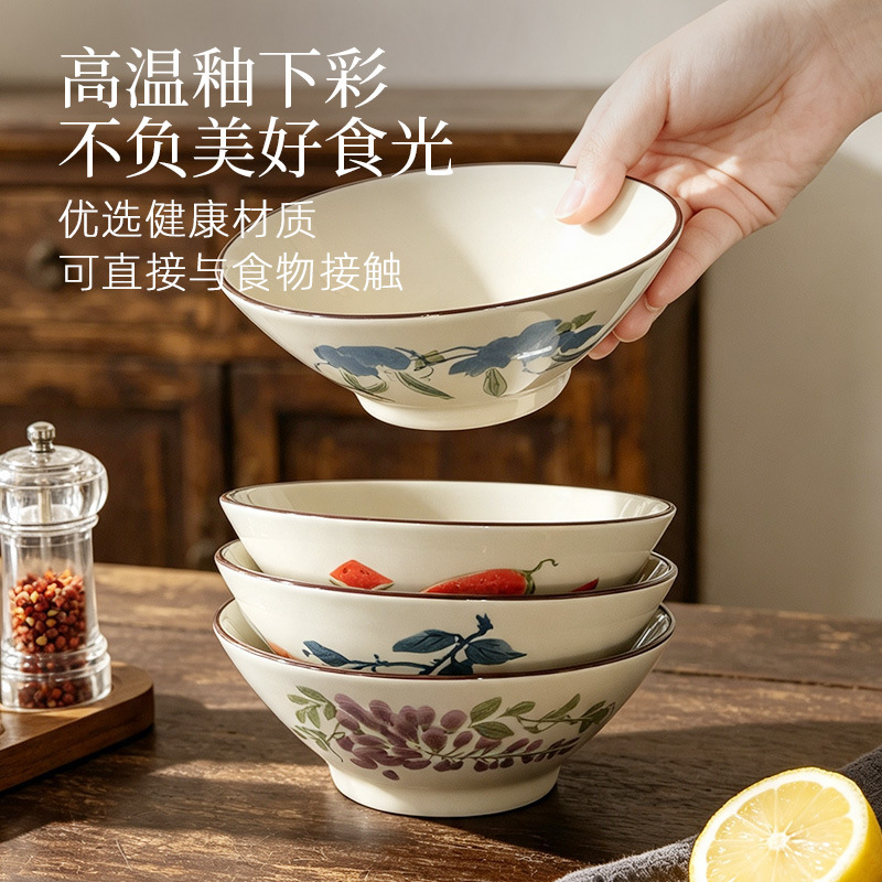 Highly aesthetic pastoral style Japanese retro rice bowl and dipping sauce bowl, underglaze colored ceramic tableware for home use 5inch conical bowl Highly aesthetic pastoral style Japanese retro rice bowl and dipping sauce bowl, underglaze colored ceramic tableware for home use 5inch conical bowl