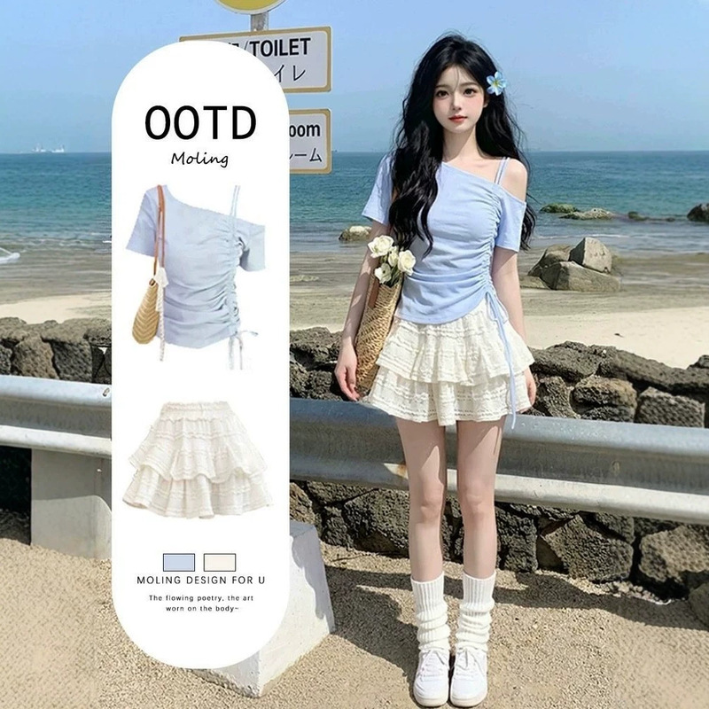 Fashionable Outfit # A Stylish T-Shirt with a Unique Design Featuring a Diagonal Neckline, Exposed Shoulders, and Drawstrings, Paired with a Sweet, Slimming High-Waisted Puffy Skirt.
