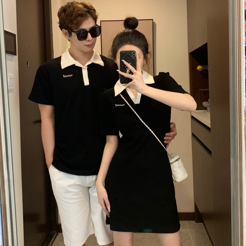A unique and sophisticated polo collar dress, a new summer style for couples, featuring a fitted waist and French-style design, perfect for men and women.