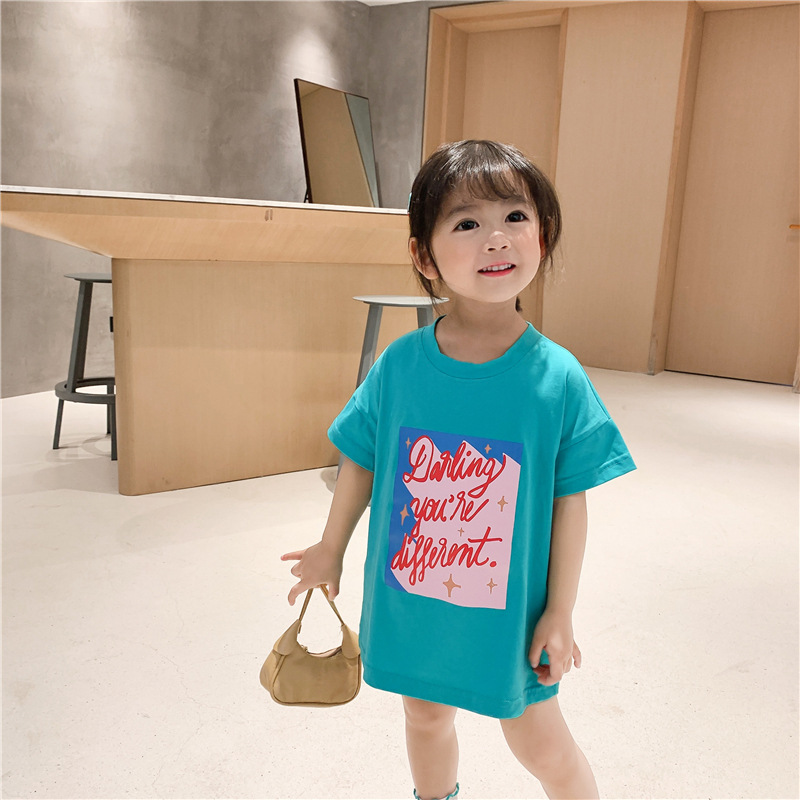 女童T恤衫2021夏裝新款女寶寶中長款T恤裙兒童短袖上衣小童打底衫