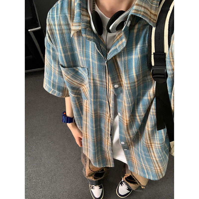 Plaid Shirt Men's Summer Thin Short-Sleeved Casual Loose Jacket 2025 New American Retro Trendy Shirt
