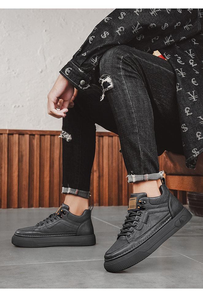 Giày nam cổ trung chống thấm nước chống trơn trượt màu đen, giày thể thao sneaker đa năng đi làm và giải trí, gót 3-5 cm — quần kaki, đen chi tiết 15