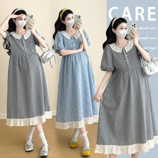 Actual Shot of 2025 New Summer Plaid Splicing Lace Maternity Dress